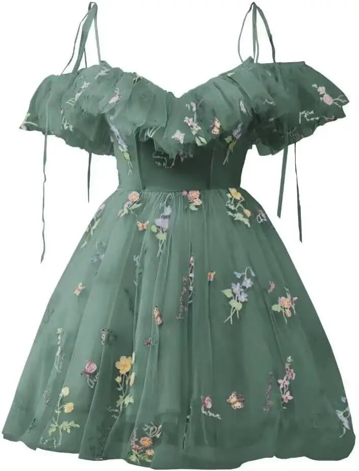 Blumenstickerei Tüll Kurze Heimkehrkleider für Teenager Mini Fee V-Ausschnitt Formales Abschlussball-Cocktailpartykleid 2025 