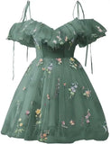 Blumenstickerei Tüll Kurze Heimkehrkleider für Teenager Mini Fee V-Ausschnitt Formales Abschlussball-Cocktailpartykleid 2025 