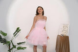 Vestidos de fiesta de tul con hombros descubiertos, abullonados, cortos, sin tirantes, de malla, con volantes, formales, para cóctel o gala 