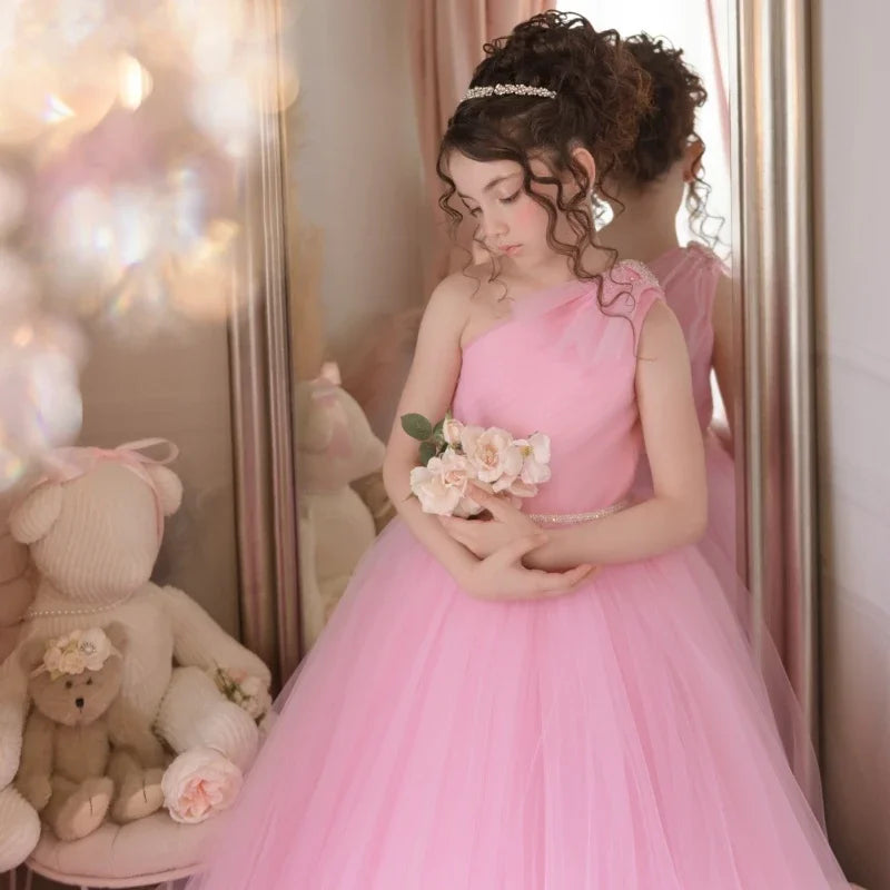 Pink Tulle With Belt Single Shoulder For Wedding Birthday Party Prom Banquet Princess Gowns Customized Flower Girl Dresses