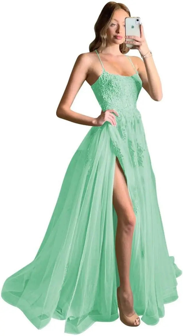 Vestidos de fiesta largos de encaje cruzado con tirantes finos y abertura para mujer 2026. 