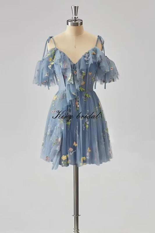 Flower Embroidery Tulle Short Homecoming Dresses for Teens 2026 Mini Spaghetti Straps Formal Prom Party Gown Junior Bridesmaid