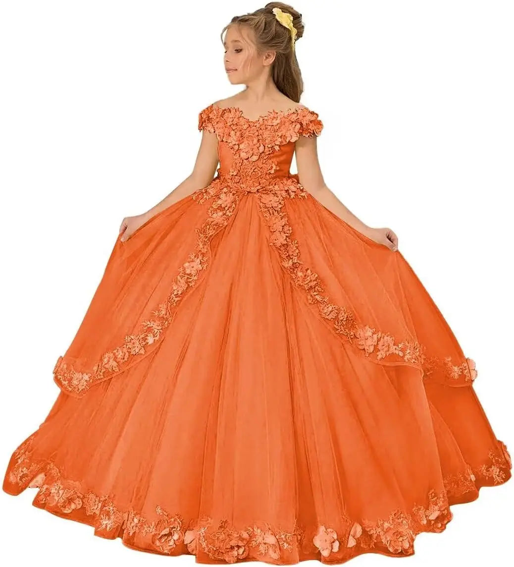 Vestido de tul para niña de las flores, para boda, con hombros descubiertos, para desfile, con flores 3D, estilo princesa, para fiesta 
