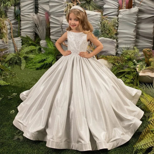 Vestido de primera comunión de princesa con lentejuelas brillantes, de lujo, plateado, sin mangas y con lazo para boda. 
