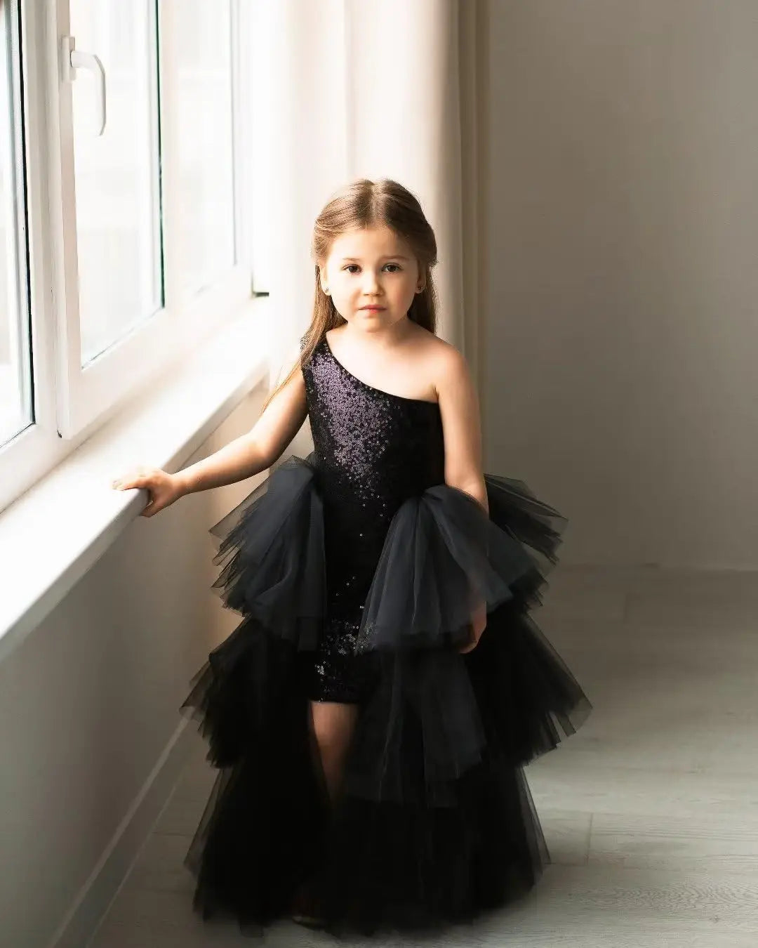 One Shoulder Sequin Pagent Dresses Girls Tulle Ball Gown Layered High Low Flower Girl Dress for Wedding princess dress