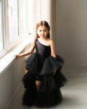 One Shoulder Sequin Pagent Dresses Girls Tulle Ball Gown Layered High Low Flower Girl Dress for Wedding princess dress