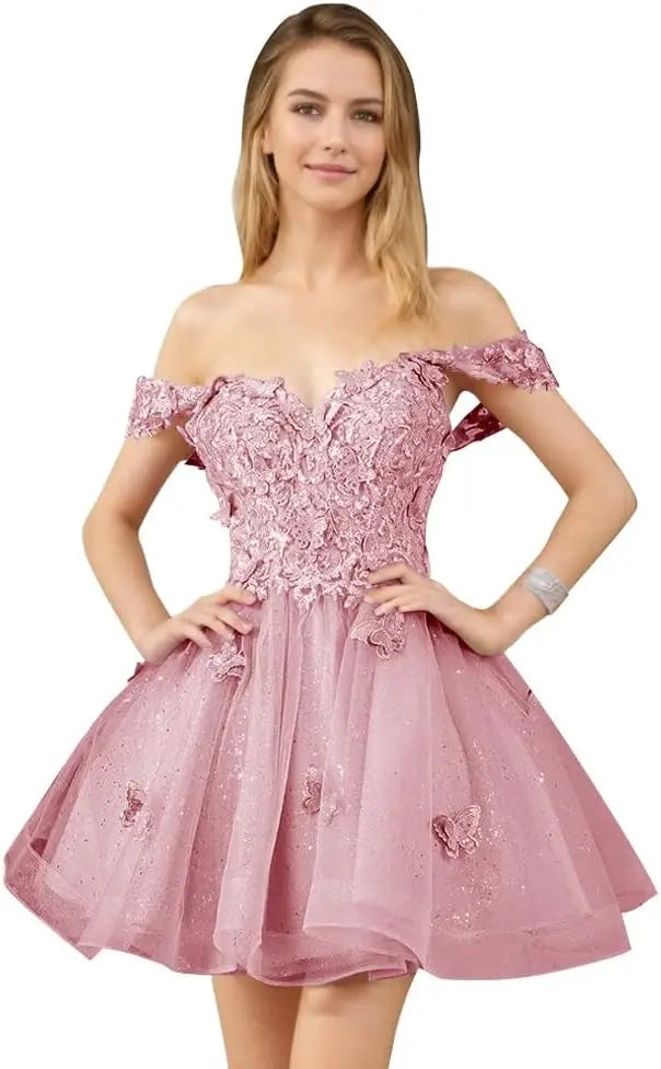 Glitter Tulle Appliques Homecoming Dresses for Teens Beaded Off Shoulder Short Prom Dresses Lace Cocktail Mini Dress Club Gowns