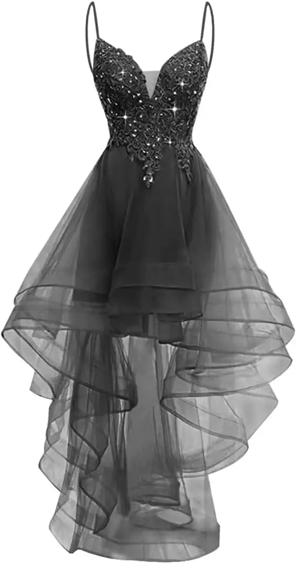 Lace Applique Homecoming Dresses 2025 High Low Spaghetti Straps Tulle Short Prom Dress for Teens Glitter Quinceanera Dress Gowns