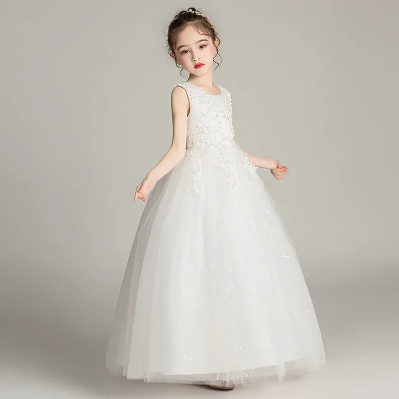 Princess Dress  Flower Girl Dresses Champagne Tulle Mesh Appliques Sleeveless For Wedding Birthday Party Banquet Princess Gowns