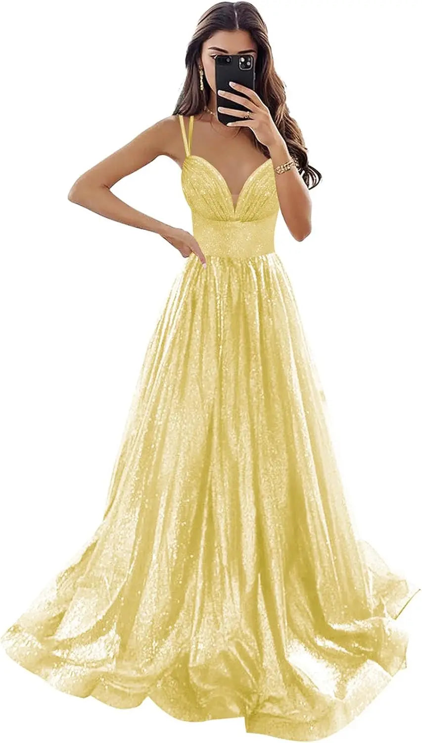 Vestido de fiesta de tul brillante con bolsillos, tirantes finos, corsé fruncido, largo, formal, para noche, vestidos de fiesta para mujer, noche 