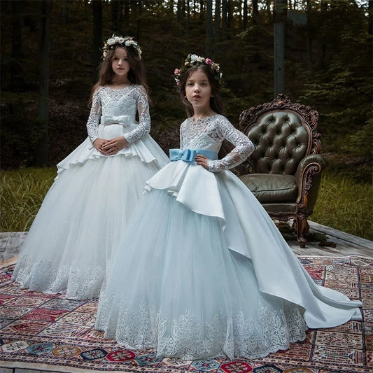 Vestido de primera comunión de manga larga para niñas, para desfile infantil, personalizable, con cuello redondo, apliques para bodas. 
