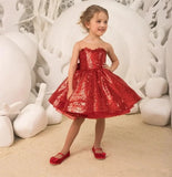 Vestido rojo de primera comunión con lazo y lentejuelas brillantes, cuello redondo, para fiesta de cumpleaños de niña, para boda 