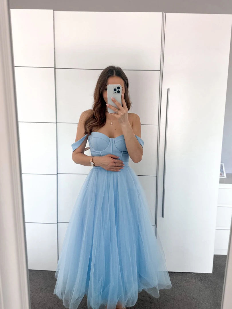 Tulle Tea-Length Prom Dresses High Quality Sweetheart Spaghetti Straps Party & Vacation Wear Elegant Plain A-line Evening Gowns