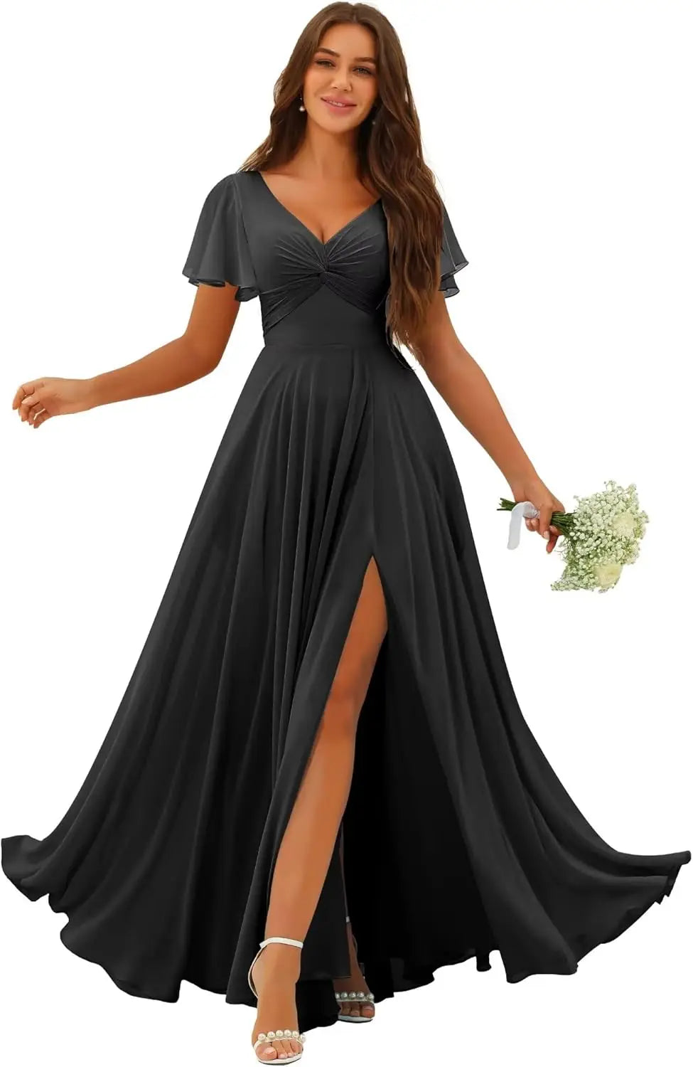 Custom Made Flutter Sleeves Split Bridesmaid Dresses with Slit Long V Neck Empire Waist Formal Evening Dress for Women Wedding