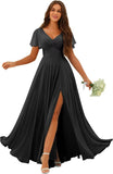 Custom Made Flutter Sleeves Split Bridesmaid Dresses with Slit Long V Neck Empire Waist Formal Evening Dress for Women Wedding