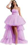 High Low Tüll Ballkleider Lange trägerlose gestufte Abendkleider A-Linie Abendkleid mit Schleppe Partykleider Damen Abend 