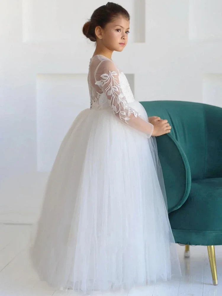 White Tulle Appliques Long Sleeve For Wedding Birthday Prom Banquet Holy Communion Gowns Customized Flower Girl Dresses