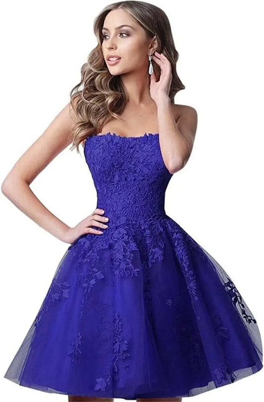 Spitzen-Heimkehrkleider, kurz, A-Linie, trägerlos, formelle Cocktailparty-Kleider, Abschlussballkleid, Ballkleider, Minikleid 