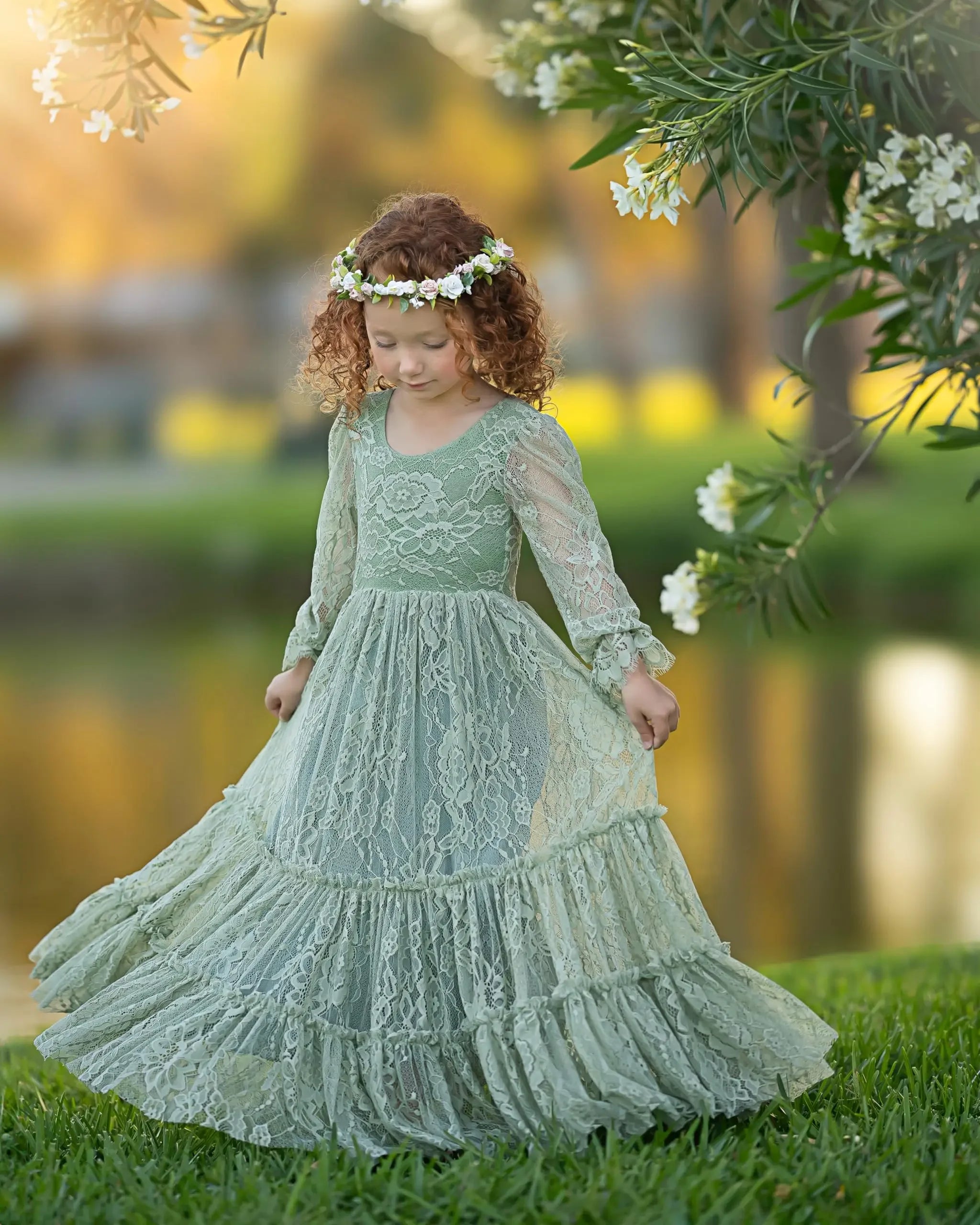 Festzugskleid für Hochzeiten, Spitzenapplikationen, bodenlang, Geburtstagsfeier, Erstkommunionkleider, individuell gestaltete grüne Blumenmädchenkleider 