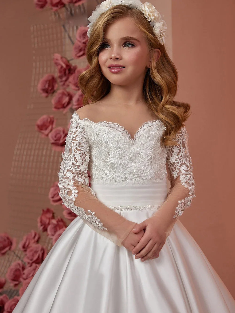 Vestido elegante de primera comunión para fiesta de cumpleaños, largo hasta el suelo, color blanco, para niña de las flores, para desfile de bodas, con apliques de satén, 2026 