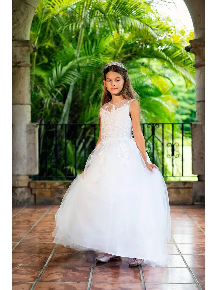 Langes elfenbeinfarbenes Blumenmädchenkleid, bodenlanges Kinderkleid, Spitzen-Tüllrock, Erstkommunionkleid, Ballkleid mit Applikationen 