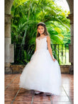 Langes elfenbeinfarbenes Blumenmädchenkleid, bodenlanges Kinderkleid, Spitzen-Tüllrock, Erstkommunionkleid, Ballkleid mit Applikationen 