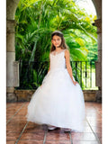 Langes elfenbeinfarbenes Blumenmädchenkleid, bodenlanges Kinderkleid, Spitzen-Tüllrock, Erstkommunionkleid, Ballkleid mit Applikationen 