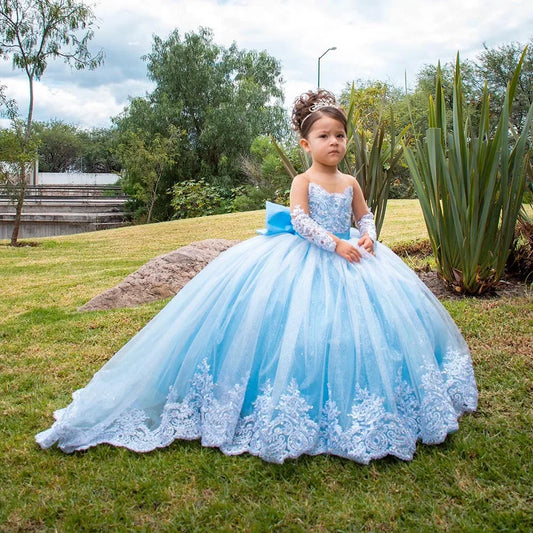Vestido elegante de manga larga hasta el suelo para niña, para fiesta de cumpleaños, comunión, fiesta, apliques de encaje, vestidos de niña de las flores para boda 