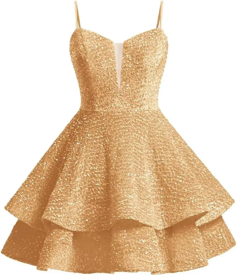 Vestidos de fiesta cortos con lentejuelas brillantes para adolescentes, de Pretty Girls Club, 2025, con tirantes finos, minivestido de cóctel formal con capas 
