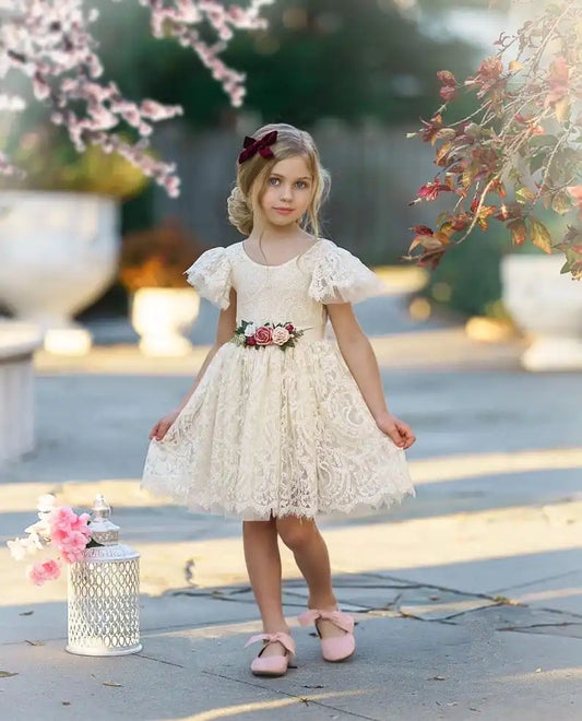 Boho Blumenmädchenkleid rustikales Blumenmädchenkleid Spitze Boho Hochzeitspartykleid Erstkommunionkleid Kleid mit kurzen Ärmeln 