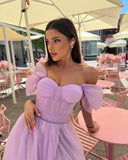 Lavender Off Shoulder prom gown Thigh Slit prom Dress tulle evening Dresses Bridesmaid Dress or Graduation ball Bridesmaid Gowns