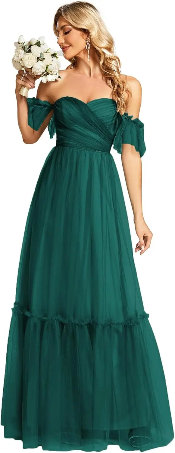 Women's Formal Dress Sweetheart Off-Shoulder Ruched Tulle Maxi Bridesmaid Dresses elegant dress women for wedding party
