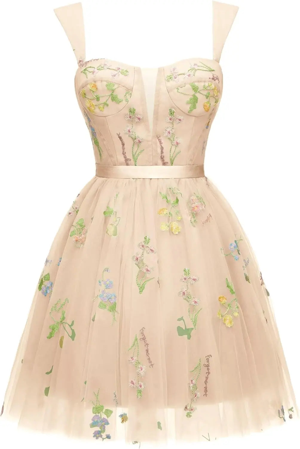 Vestidos cortos de fiesta para adolescentes con bordado de flores, tul, tirantes finos, largo hasta la rodilla, con margaritas y estampado floral. 