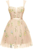 Vestidos cortos de fiesta para adolescentes con bordado de flores, tul, tirantes finos, largo hasta la rodilla, con margaritas y estampado floral. 
