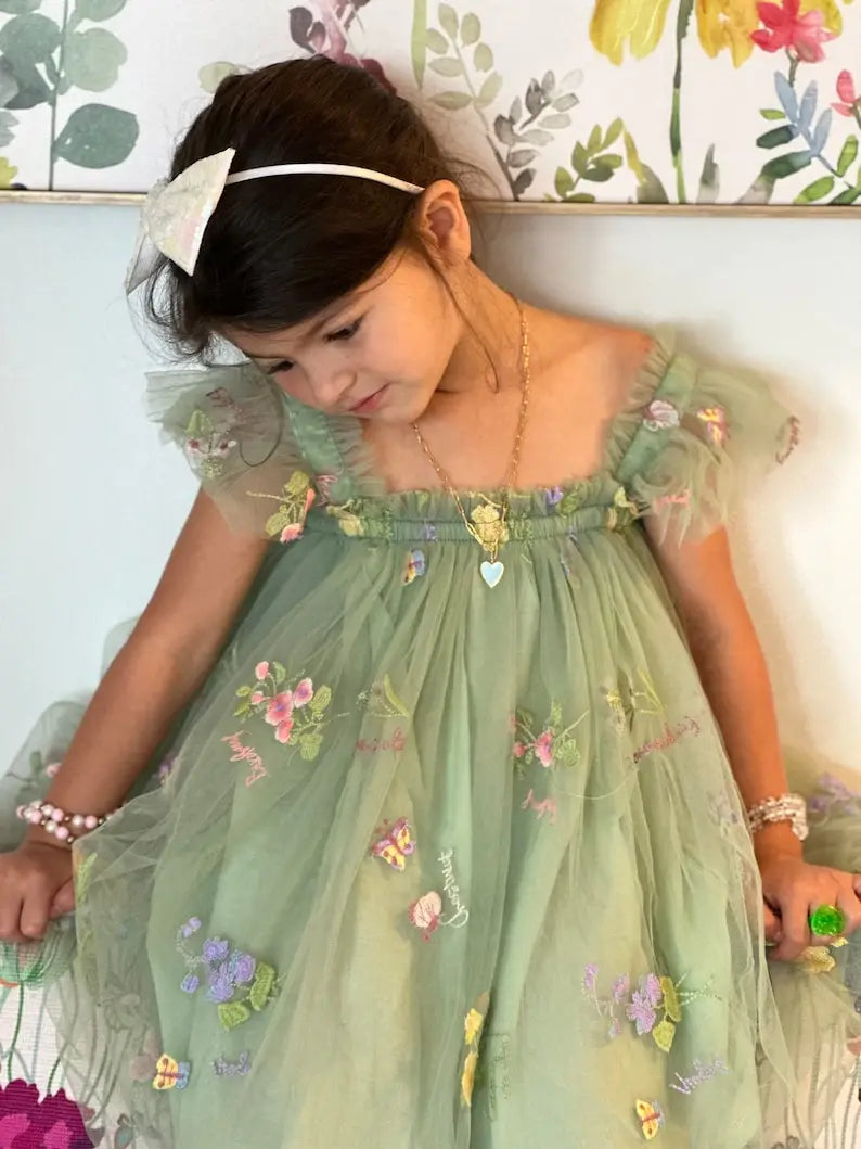 Vestido de tul con flores, vestido verde con flores, vestido para primer cumpleaños, vestidos de fotos para niñas pequeñas, vestido de princesa con mangas con volantes para niñas. 