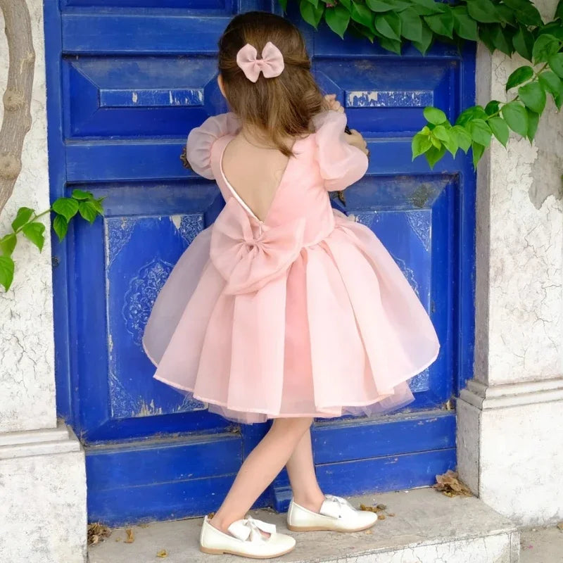 Pink Satin Tulle Puffy With Bow Short Sleeve For Wedding Birthday Holy Communion Banquet Princess Gowns Flower Girl Dresses