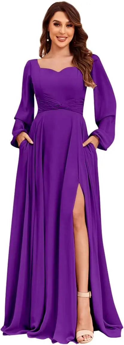 Damen Langarm Brautjungfernkleider mit Taschen Split Plissee Chiffon Formales Abendkleid Partykleid formelles Kleid Frauen elegant 