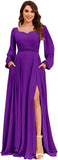 Damen Langarm Brautjungfernkleider mit Taschen Split Plissee Chiffon Formales Abendkleid Partykleid formelles Kleid Frauen elegant 