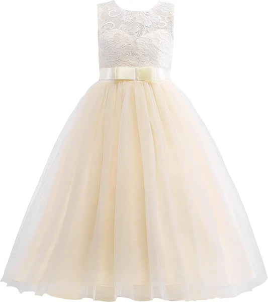 Vestido de dama de honor de encaje para niñas de flores, elegante vestido de princesa de tul largo de línea A, vestido de fiesta de boda para desfile 