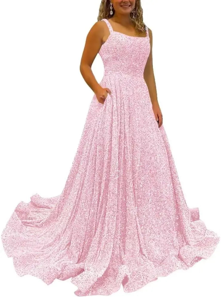 Vestidos de fiesta de satén con purpurina para mujer 2025, tirantes finos, corte A, abertura, noche, formales, con bolsillos 