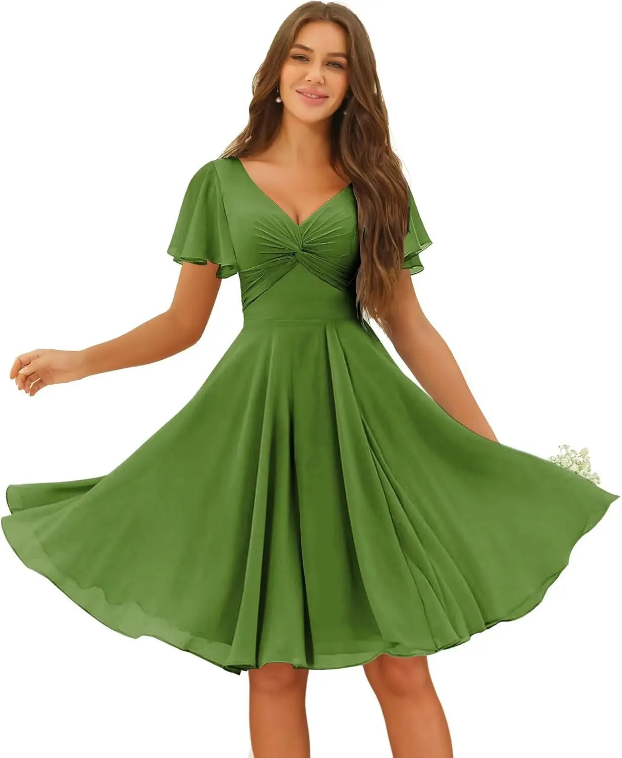 Women's Pleated Chiffon Flutter Sleeves Junior Bridesmaid Dresses with Pockets V Neck Short Formal Dress Wedding Party Gowns