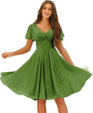 Women's Pleated Chiffon Flutter Sleeves Junior Bridesmaid Dresses with Pockets V Neck Short Formal Dress Wedding Party Gowns
