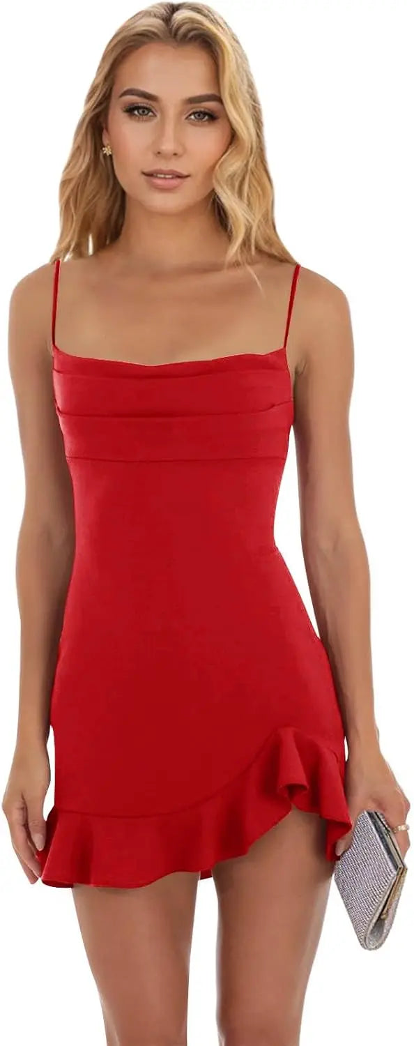 Vestidos cortos de fiesta ajustados para mujer, con tirantes finos y bajo con volantes, para cóctel y club. 