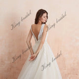 Women's Tulle Floor Length A Line Wedding Dress for Bride Lace Applique Evening Dress V Neck Straps Ball Gowns