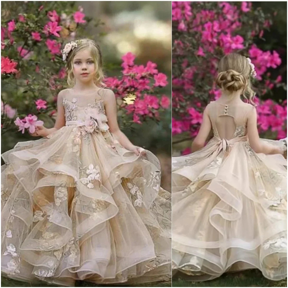 3D Floral Appliques Floor Length Girl Kids Birthday Party First Holy Communion Gown Ruffles Flower Girl Dresses for Wedding