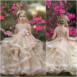 3D Floral Appliques Floor Length Girl Kids Birthday Party First Holy Communion Gown Ruffles Flower Girl Dresses for Wedding