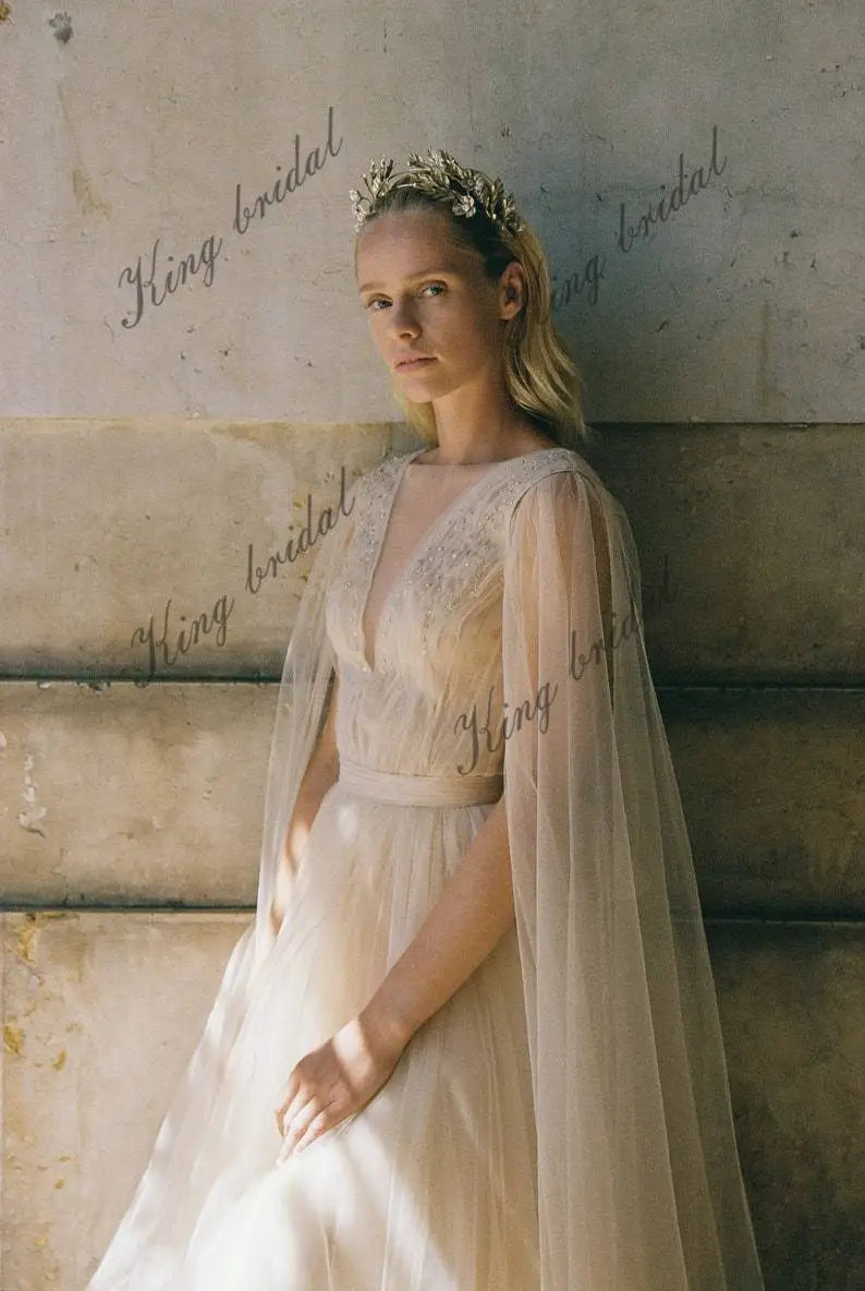 A-line wedding dresses cape sleeves Champagne ball gown wedding dress Princess bridal gown  Romantic two-piece bridal