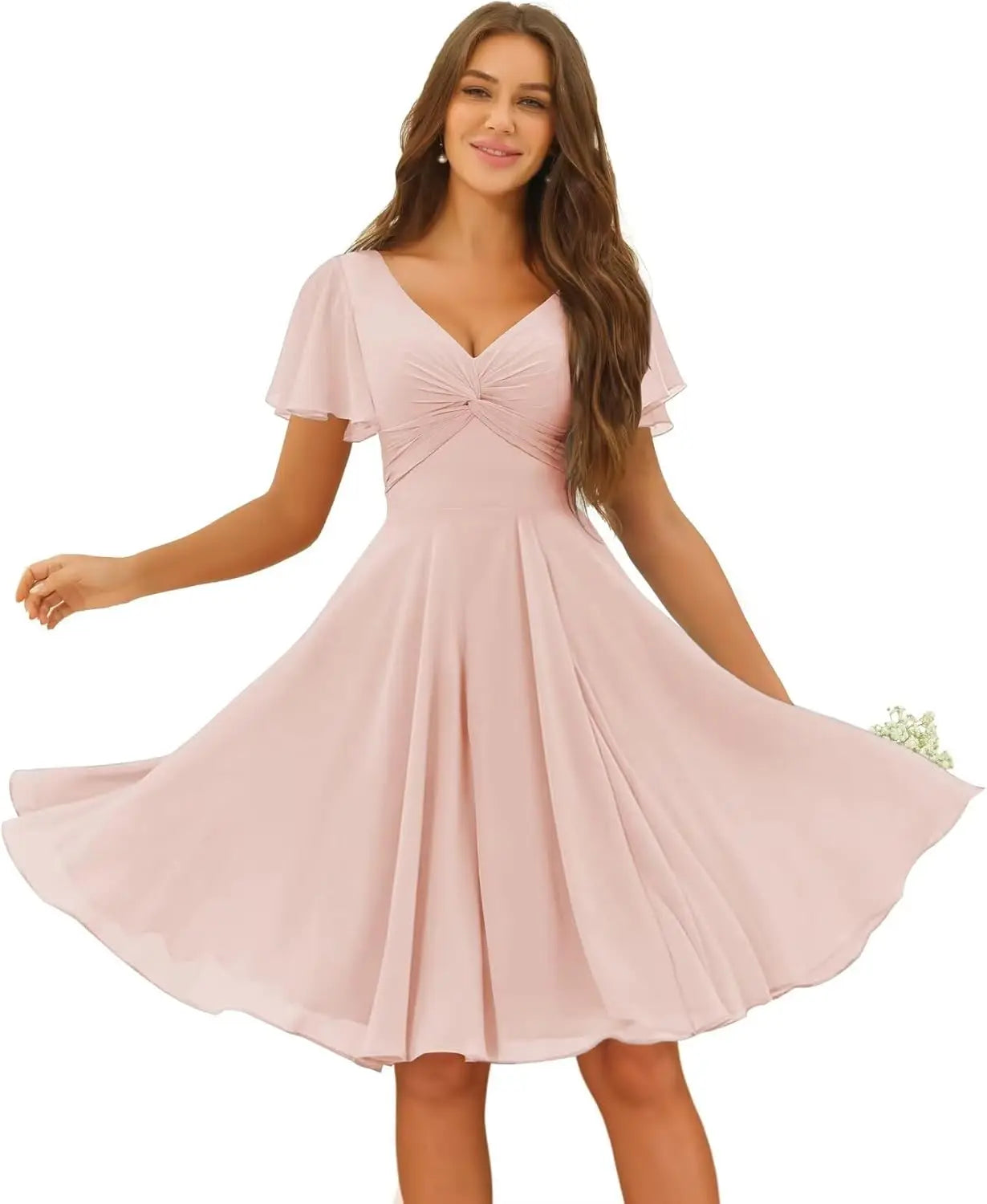 Women's Pleated Chiffon Flutter Sleeves Junior Bridesmaid Dresses with Pockets V Neck Short Formal Dress Wedding Party Gowns