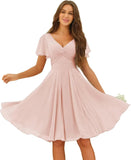 Women's Pleated Chiffon Flutter Sleeves Junior Bridesmaid Dresses with Pockets V Neck Short Formal Dress Wedding Party Gowns