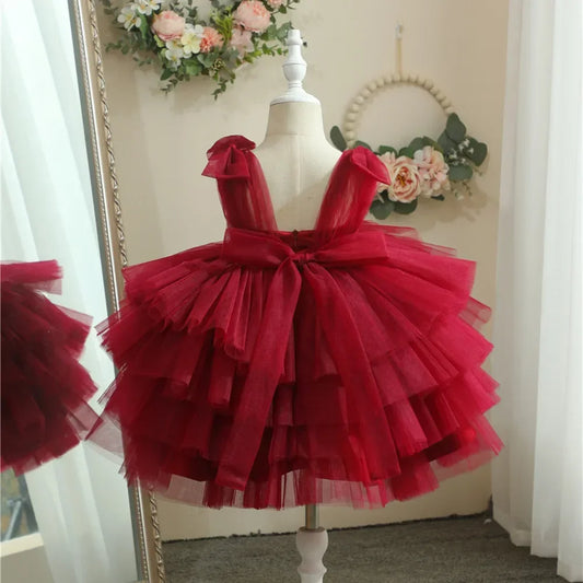 Festzugskleider für Mädchen Erstkommunionkleid Maßgeschneidertes Burgunder Blumenmädchenkleid für Hochzeit mit Schleife 